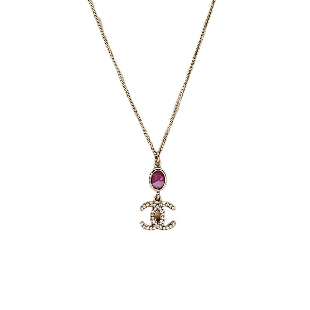 Chanel Crystal CC Drop Necklace Pink Gold