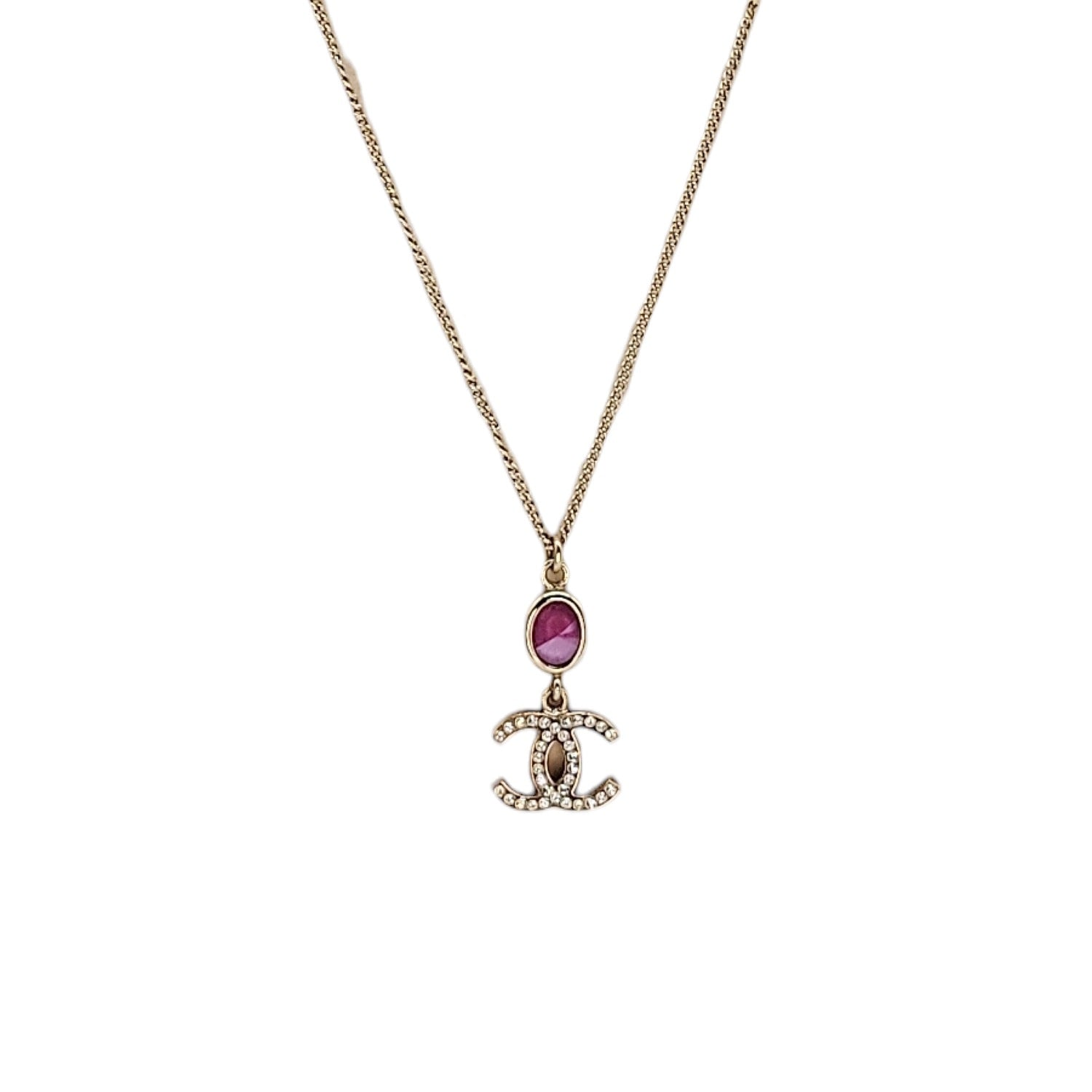 Chanel Crystal CC Drop Necklace Pink Gold