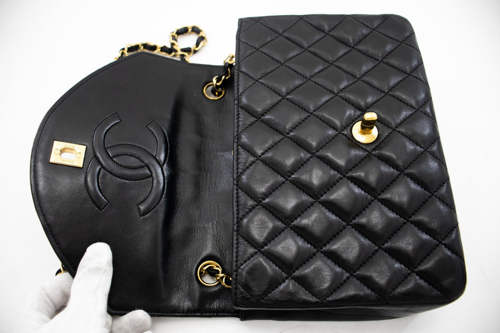 CHANEL Half Moon Chain Shoulder Bag Crossbody Black Quilted Flap j18