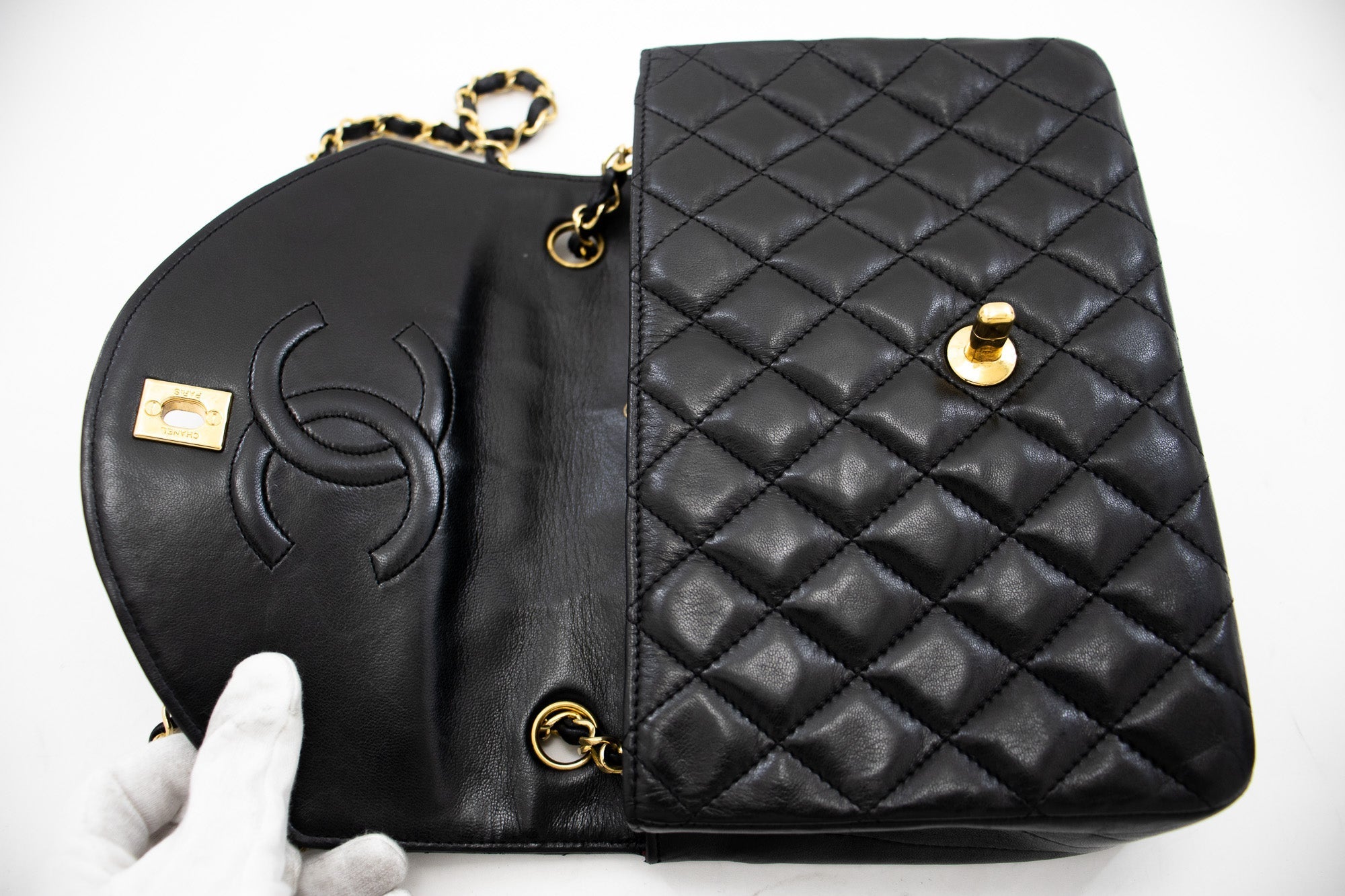 CHANEL Half Moon Chain Shoulder Bag Crossbody Black Quilted Flap j18