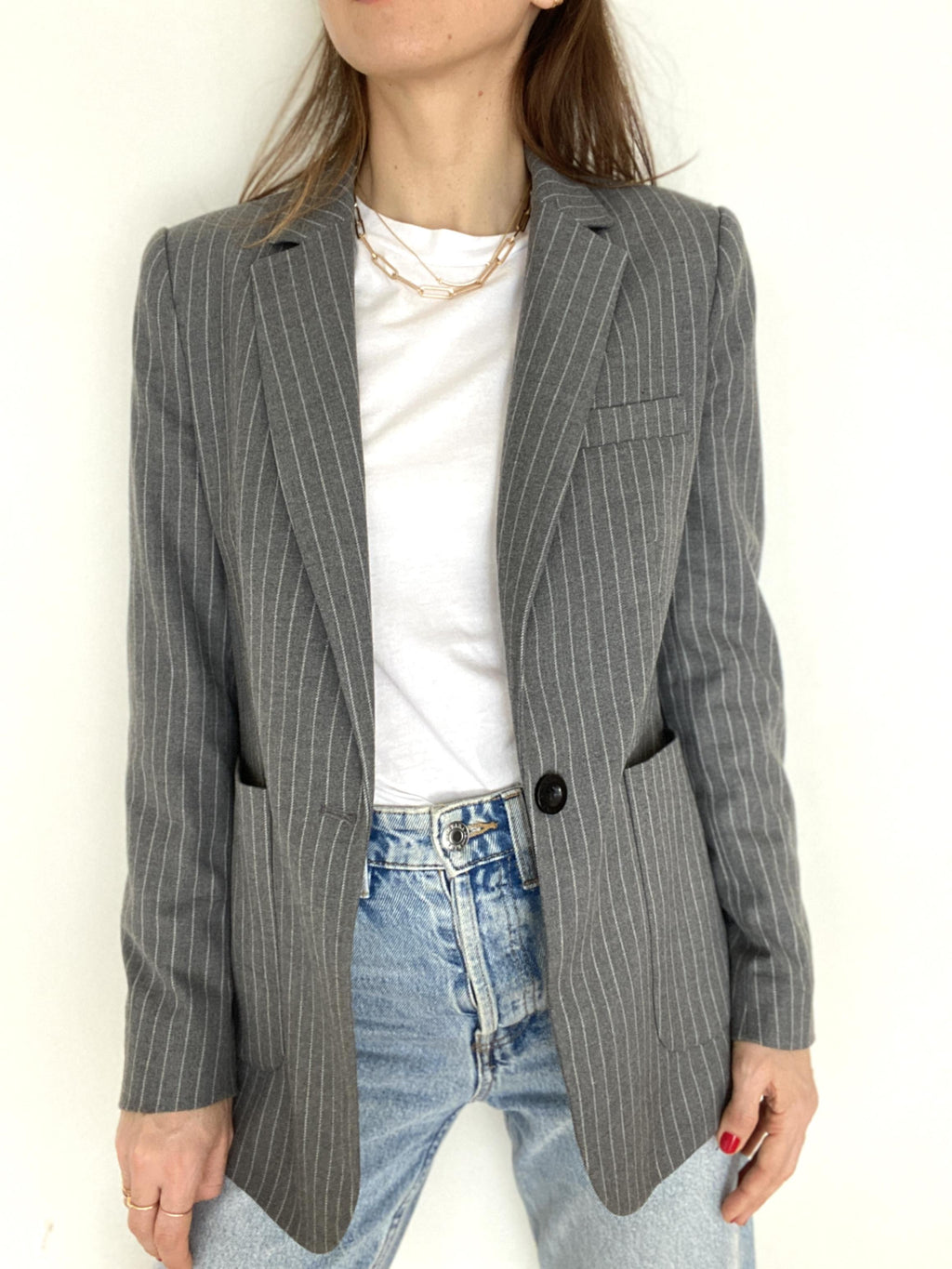 ANINE BING GREY SCHOOLBOY BLAZER WITH STRIPES - SIZE XS
