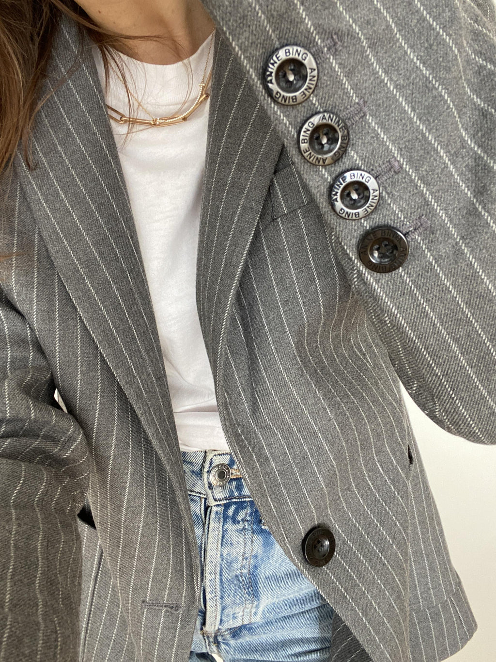 ANINE BING GREY SCHOOLBOY BLAZER WITH STRIPES - SIZE XS
