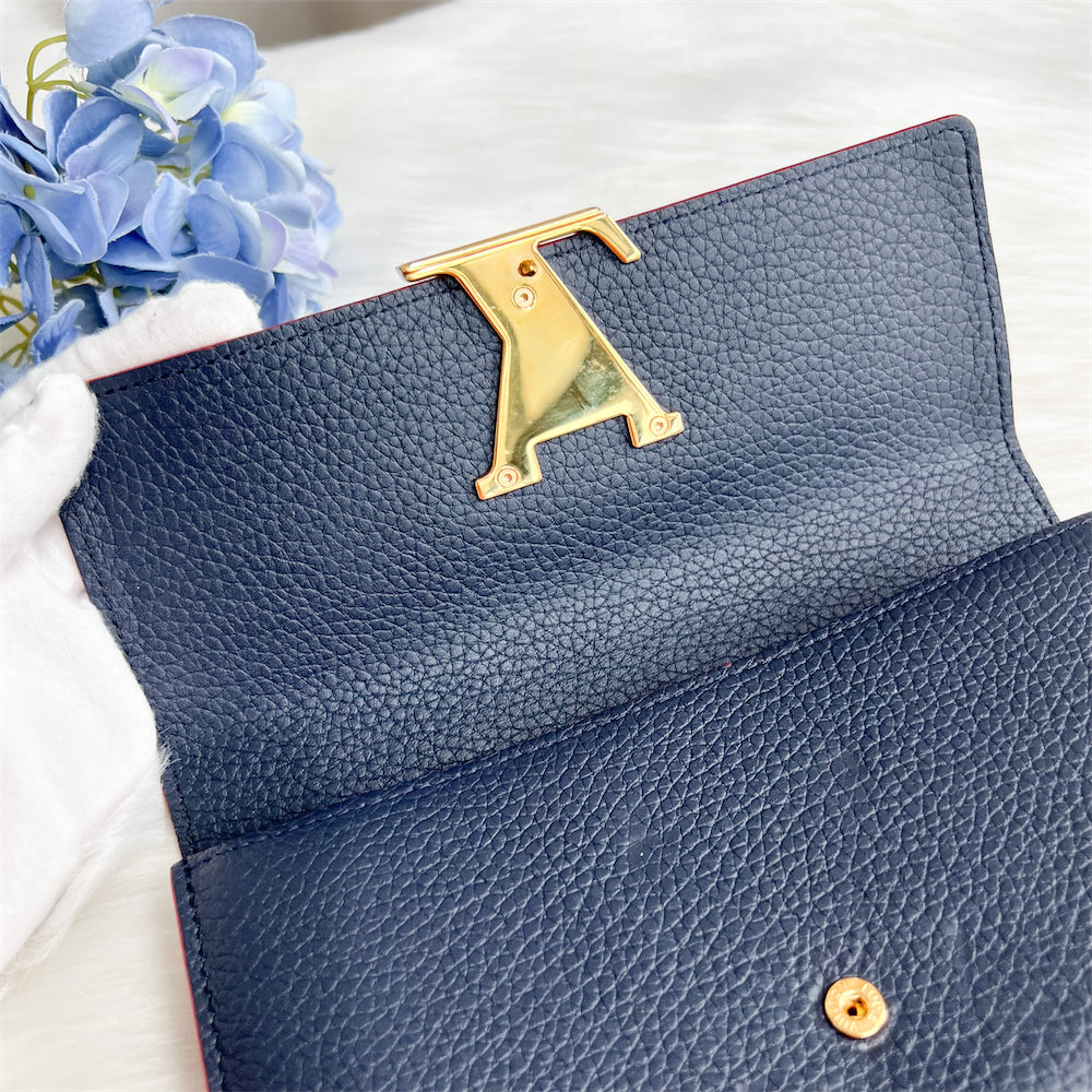 LV Capucines Wallet in Marine Rouge Grained Calfskin and GHW