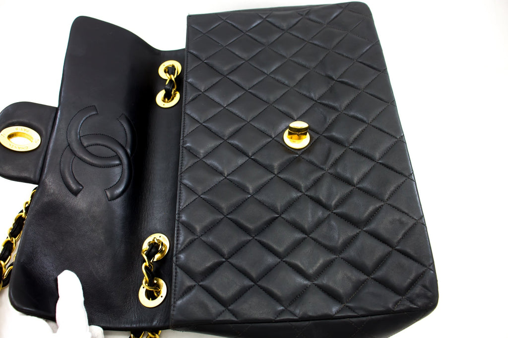 CHANEL Jumbo 13" 2.55 Flap Chain Shoulder Bag Black Lambskin Large g83