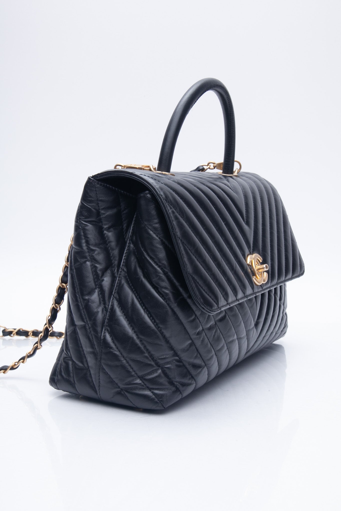 CHANEL Black Chevron Quilted Medium Coco Handle Flap Bag