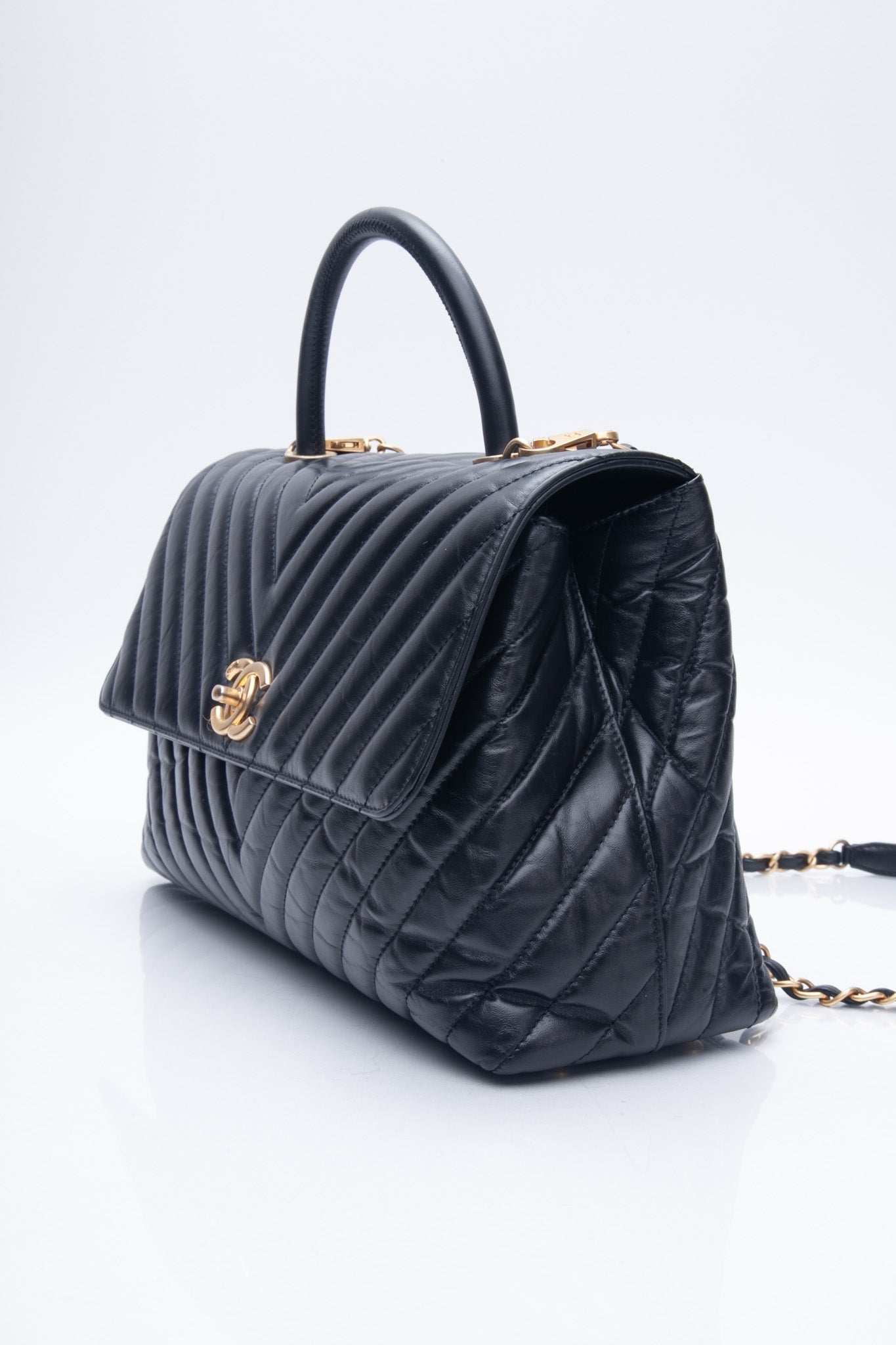 CHANEL Black Chevron Quilted Medium Coco Handle Flap Bag