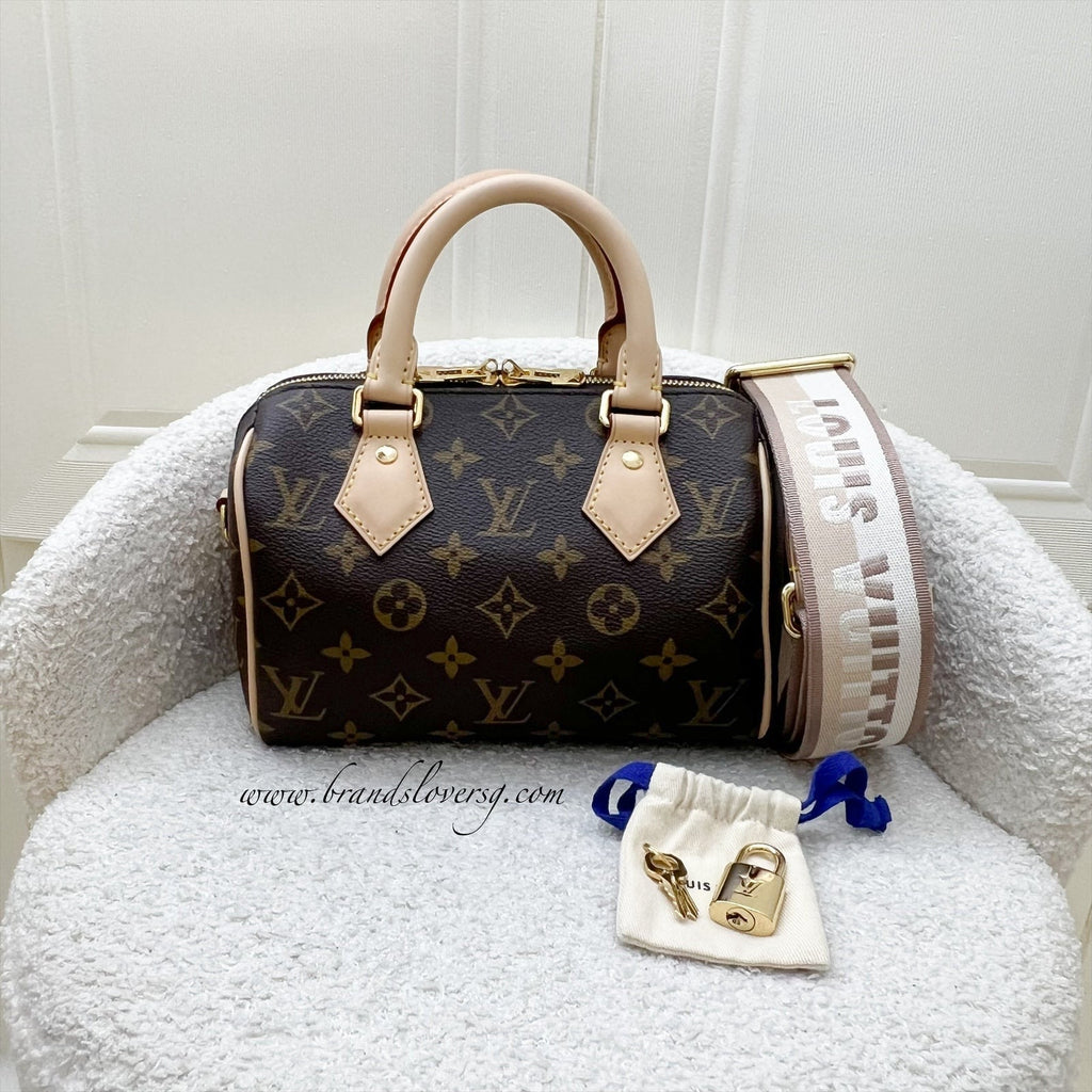 LV Speedy Bandouliere 20 in Monogram Canvas and Beige Patterned Strap