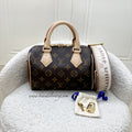 LV Speedy Bandouliere 20 in Monogram Canvas and Beige Patterned Strap