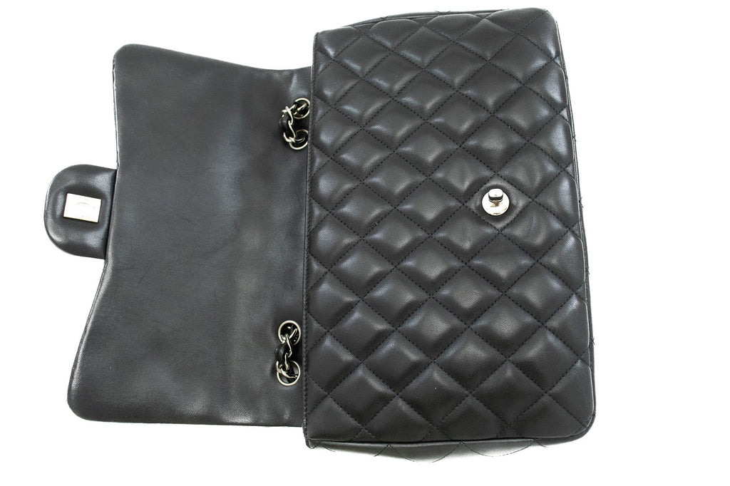 CHANEL Classic Large 11" Chain Shoulder Bag Flap Black Lambskin j42