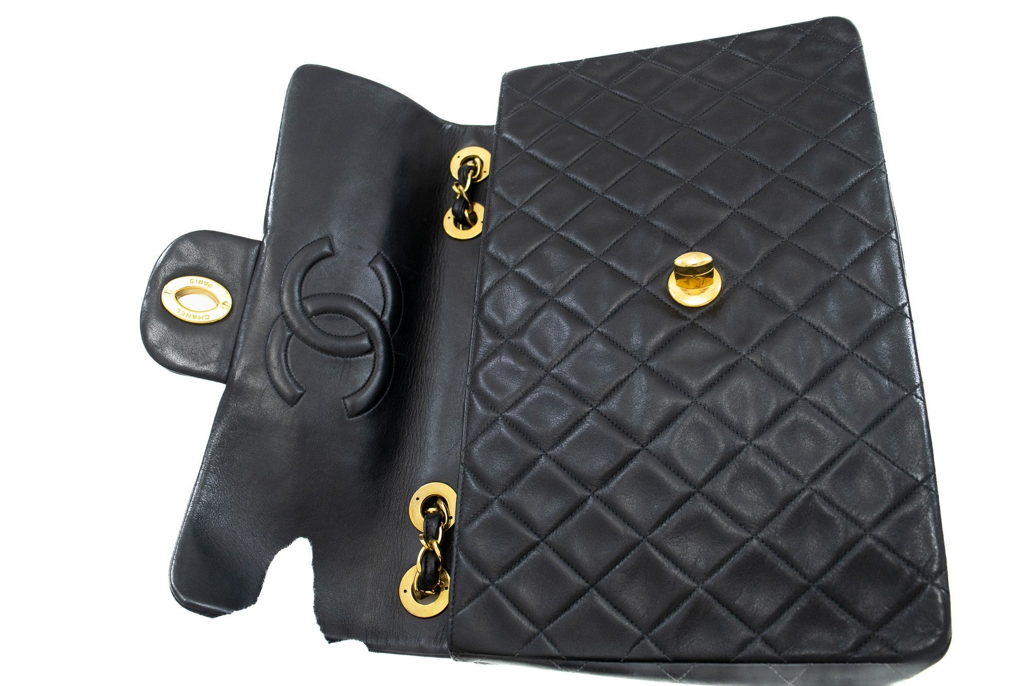 CHANEL Classic Large 13" Flap Chain Shoulder Bag Black Lambskin j71