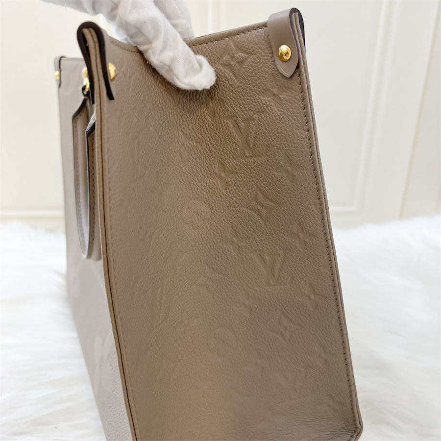 LV Onthego MM in Tourterelle Empreinte Leather and GHW