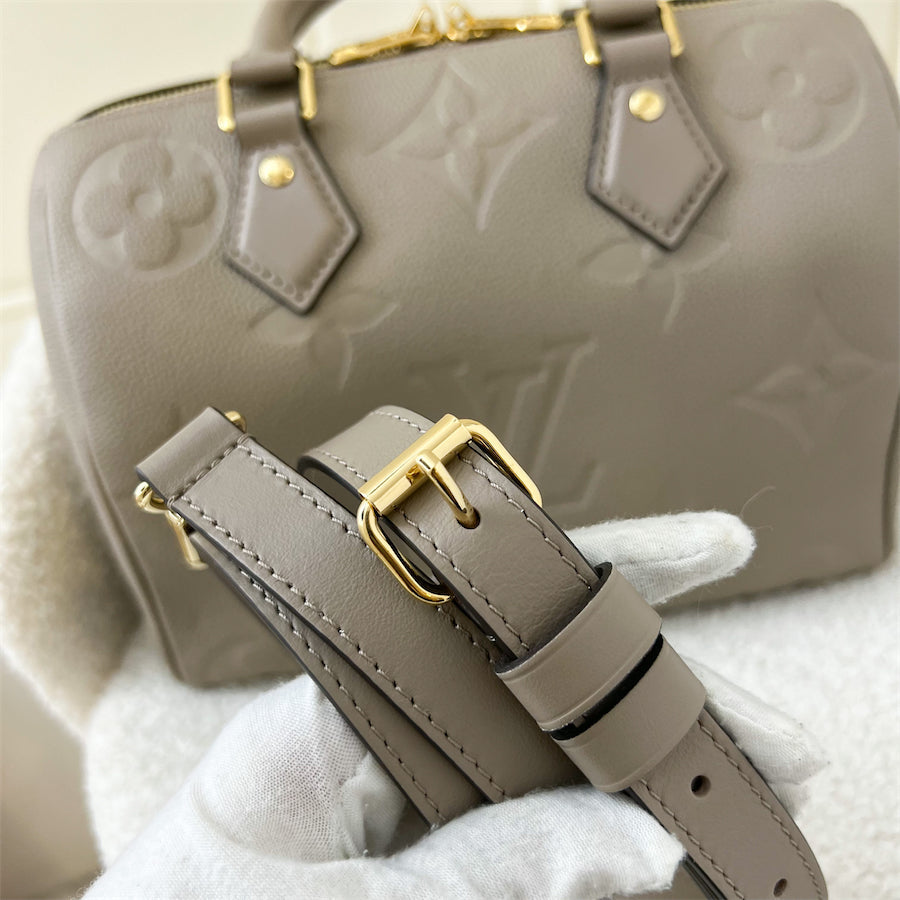 LV Speedy Bandouliere 25 in Tourterelle Monogram Empreinte Leather GHW