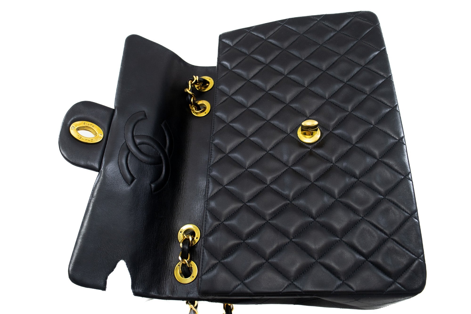 CHANEL Classic Large 13" Flap Chain Shoulder Bag Black Lambskin j56