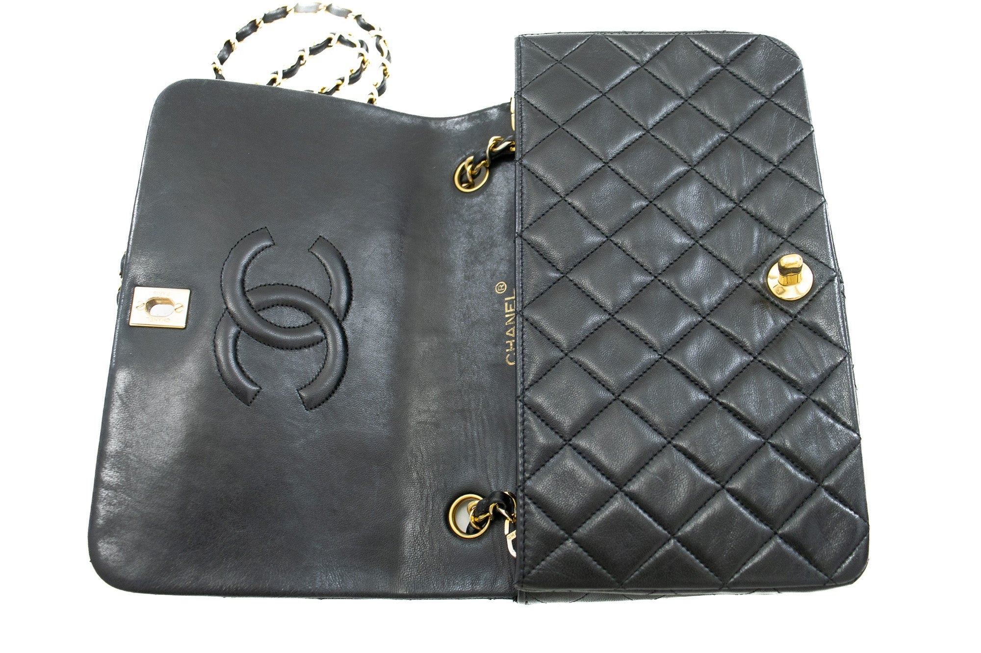 CHANEL Full Flap Chain Shoulder Bag Black Quilted Lambskin Leather j95