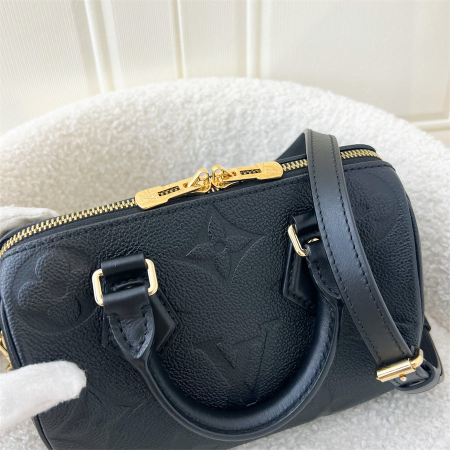 LV Speedy Bandouliere 20 in Black Monogram Empreinte Leather with Gold/Black Strap