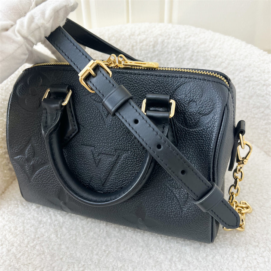 LV Speedy Bandouliere 20 in Black Monogram Empreinte Leather with Gold/Black Strap