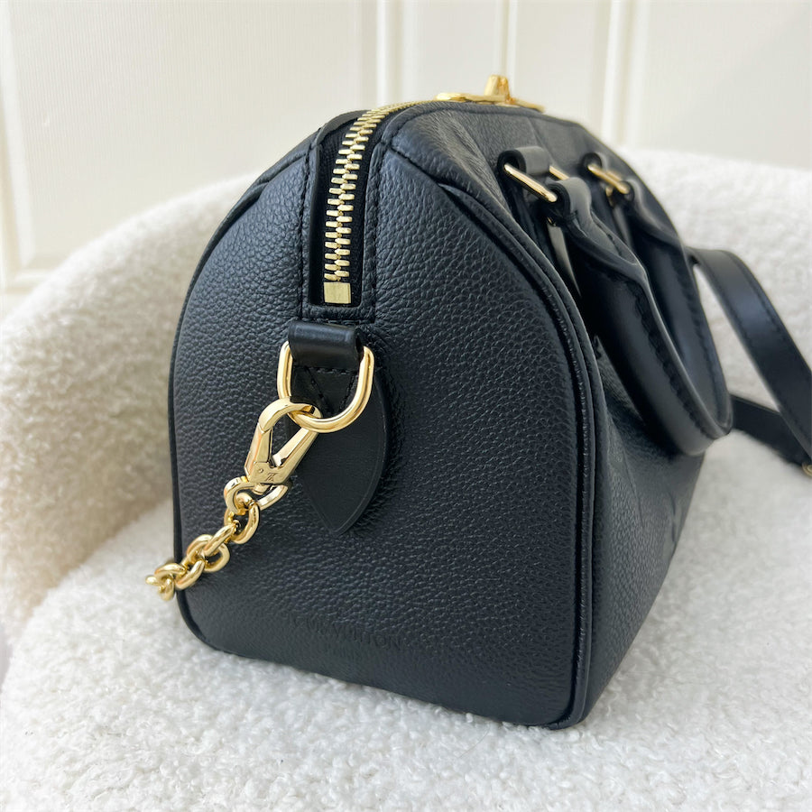 LV Speedy Bandouliere 20 in Black Monogram Empreinte Leather with Gold/Black Strap