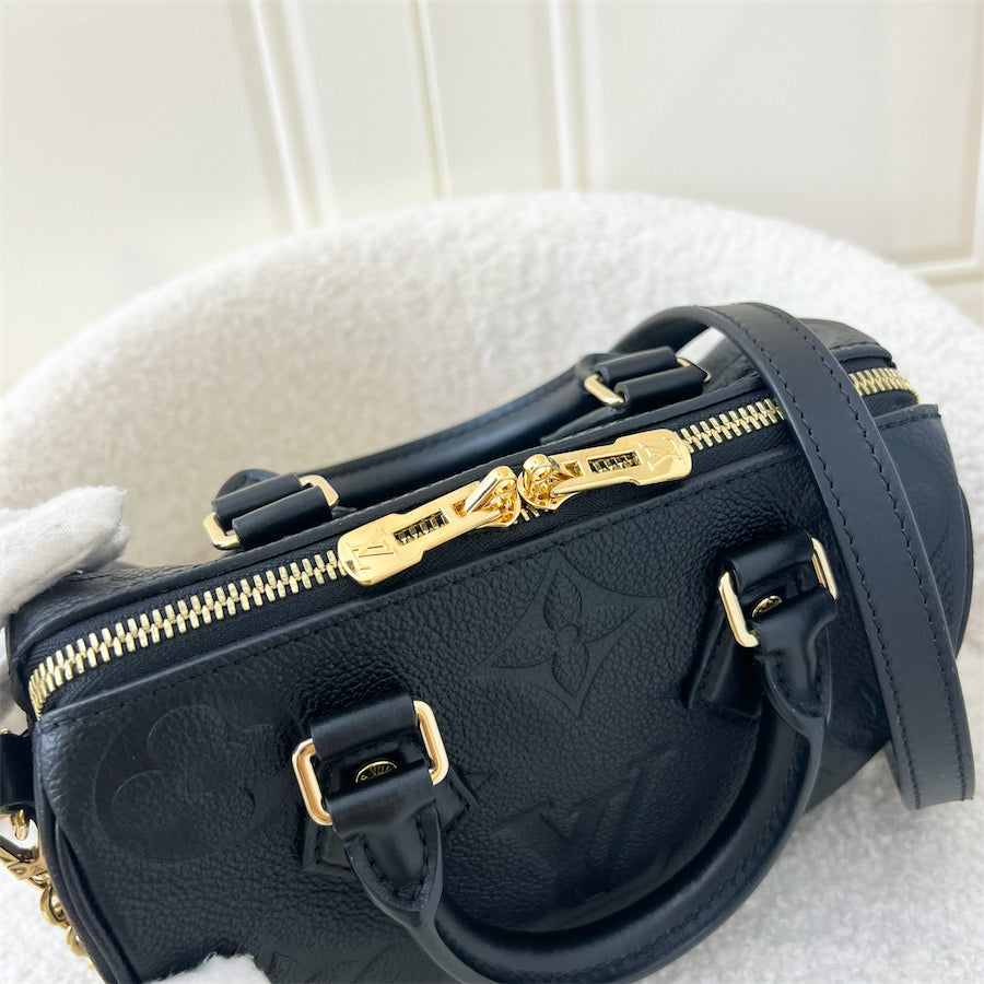 LV Speedy Bandouliere 20 in Black Monogram Empreinte Leather with Gold/Black Strap