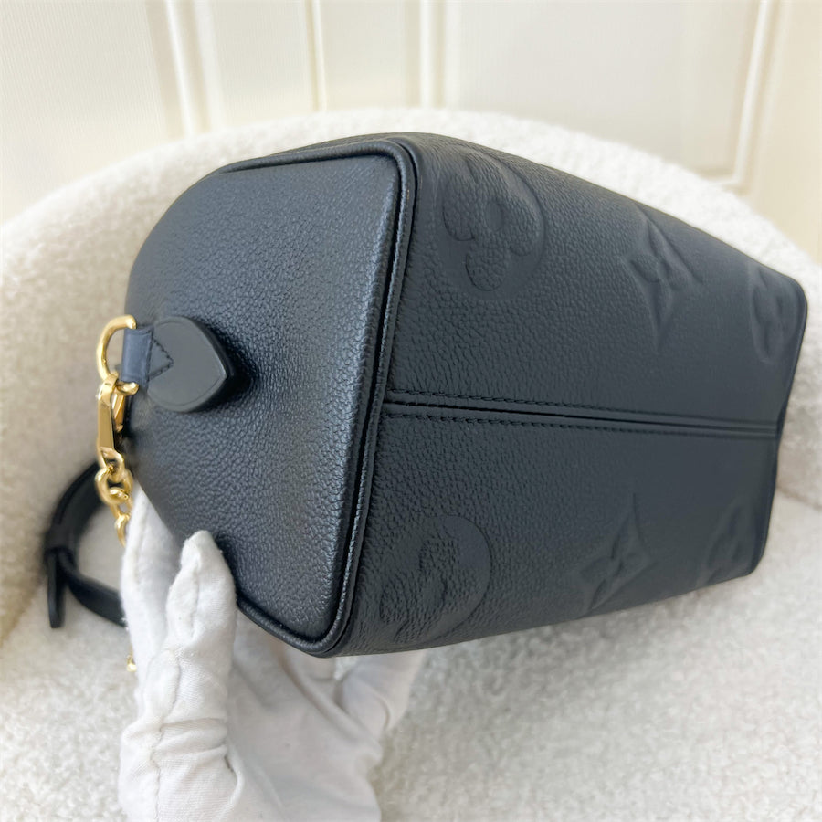 LV Speedy Bandouliere 20 in Black Monogram Empreinte Leather with Gold/Black Strap