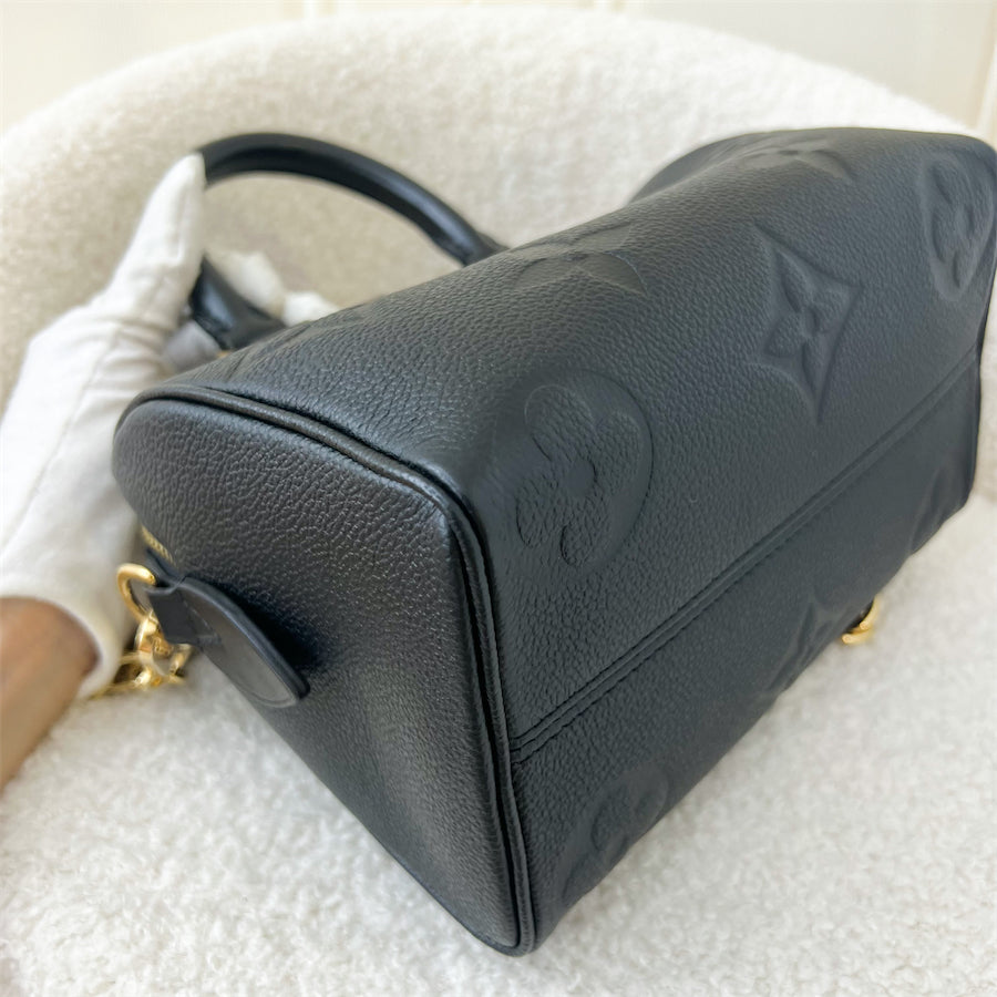 LV Speedy Bandouliere 20 in Black Monogram Empreinte Leather with Gold/Black Strap