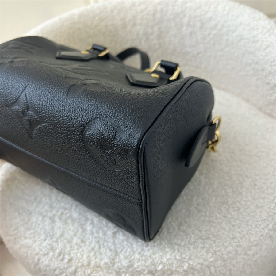 LV Speedy Bandouliere 20 in Black Monogram Empreinte Leather with Gold/Black Strap