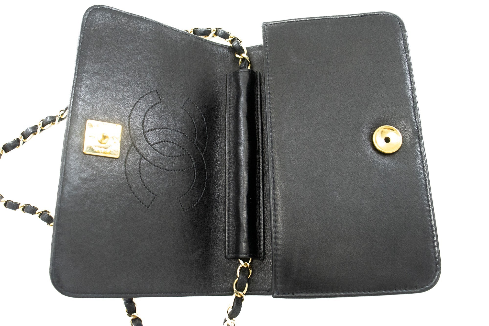 CHANEL Full Flap Chain Shoulder Bag Clutch Black Quilted Lambskin j67