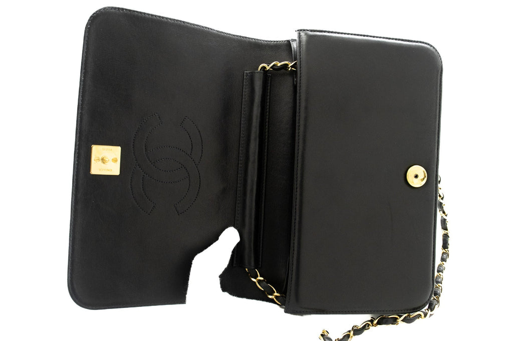 CHANEL Full Flap Chain Shoulder Bag Clutch Black Quilted Lambskin k19