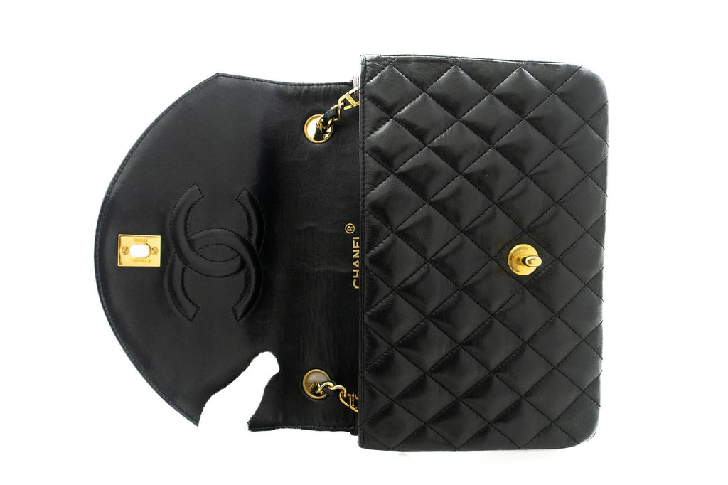 CHANEL Half Moon Chain Shoulder Bag Crossbody Black Quilted Flap k22