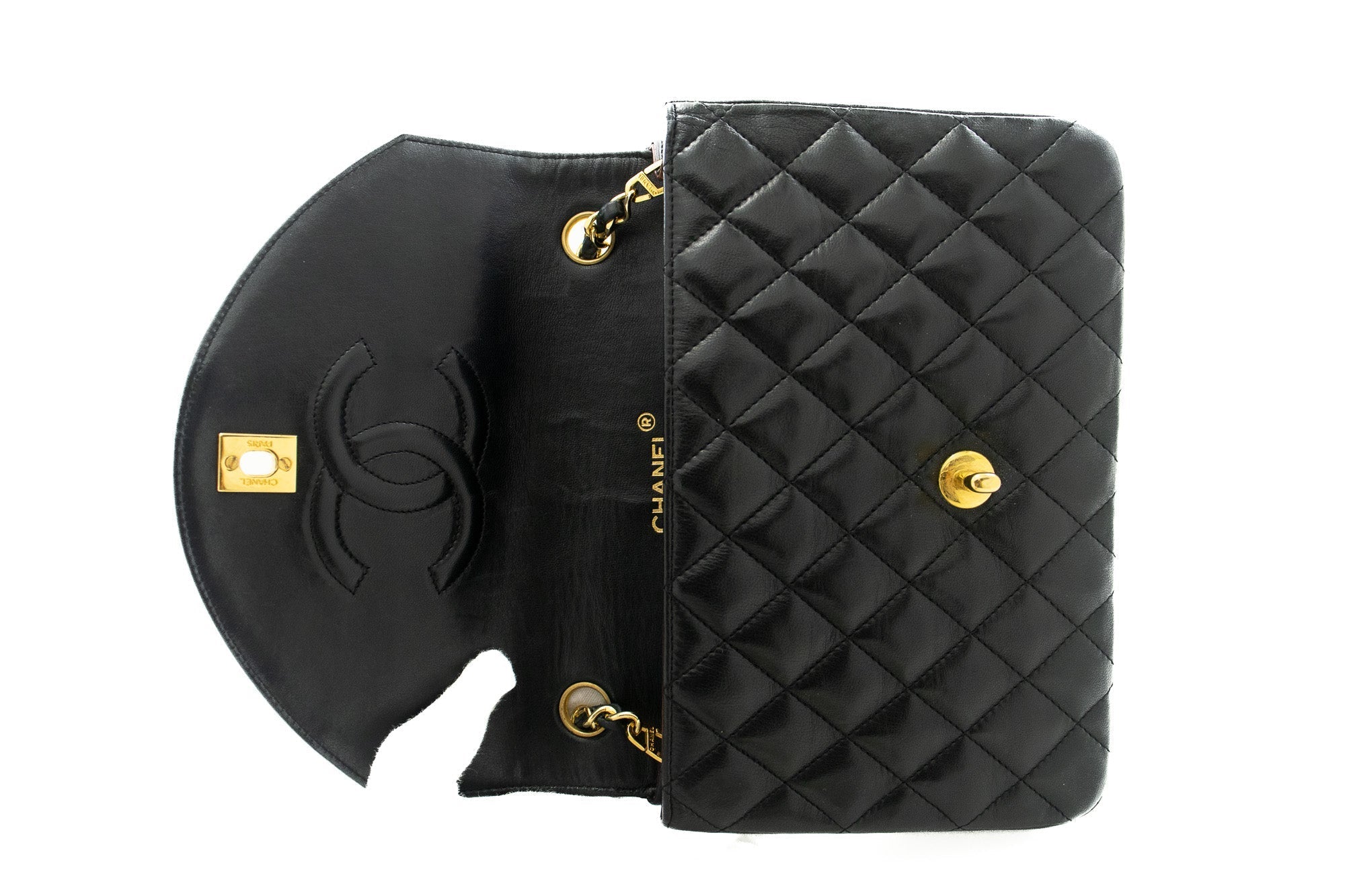 CHANEL Half Moon Chain Shoulder Bag Crossbody Black Quilted Flap k22