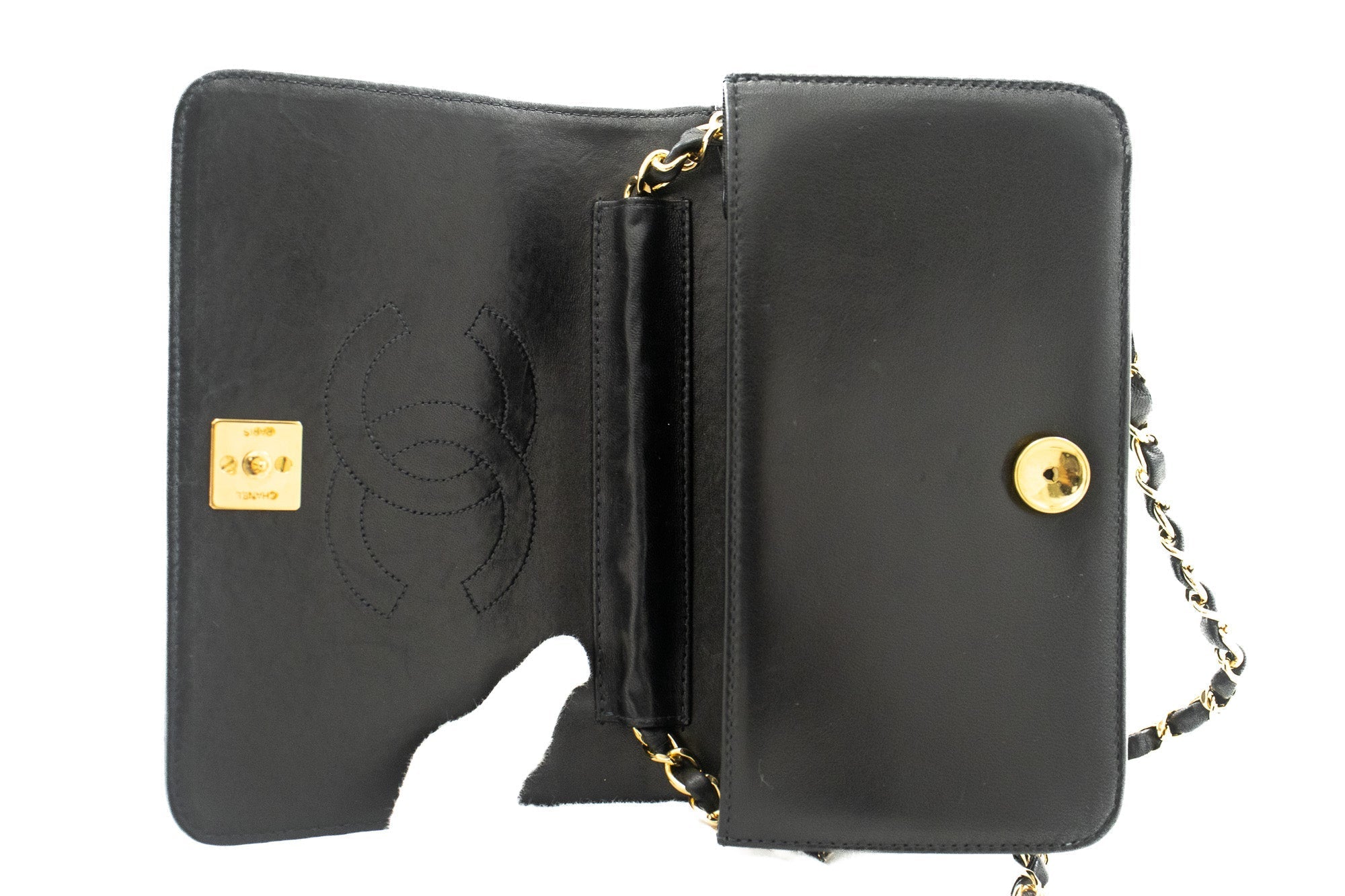 CHANEL Full Flap Chain Shoulder Bag Clutch Black Quilted Lambskin k09