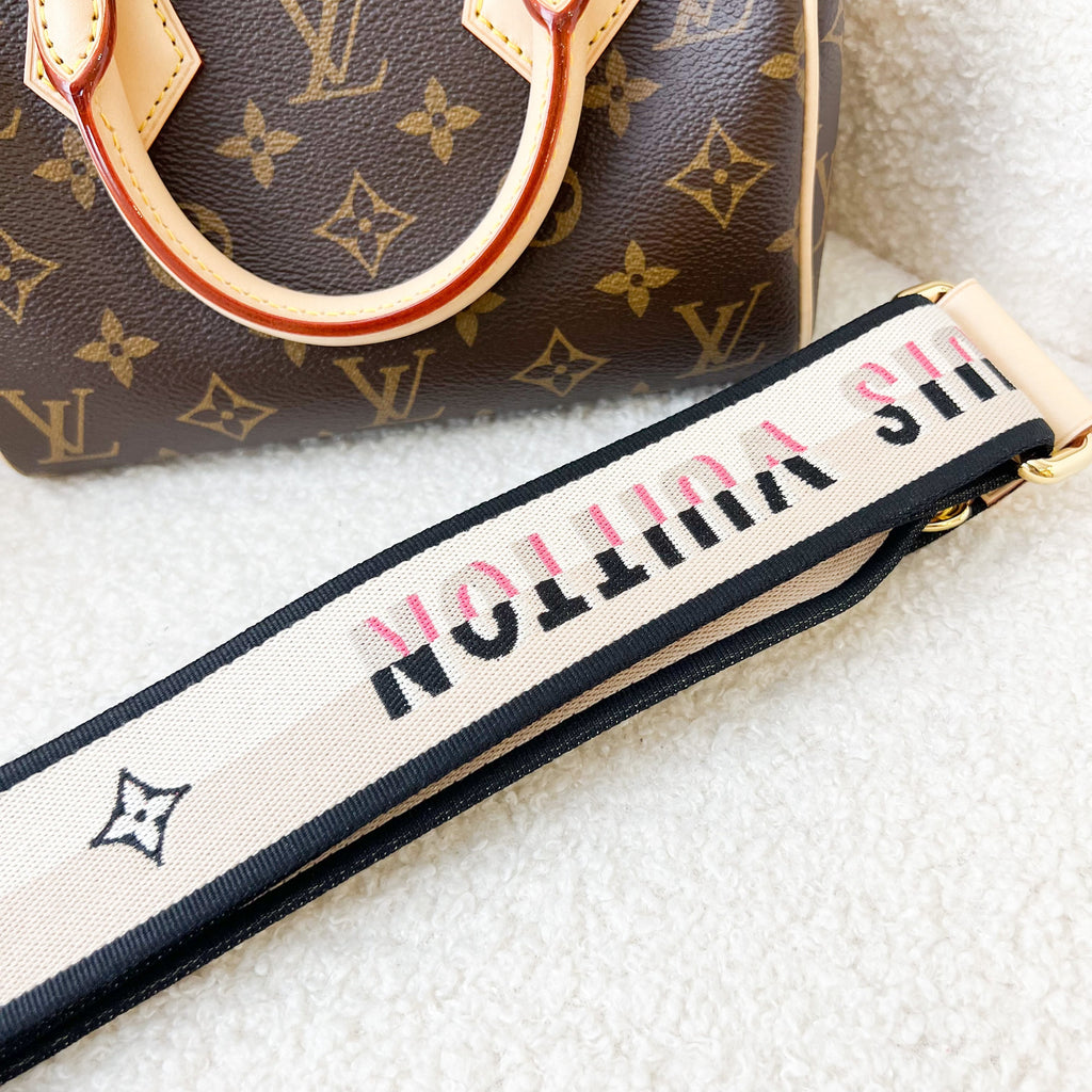 LV Speedy Bandouliere 20 in Monogram Canvas and Black Patterned Strap