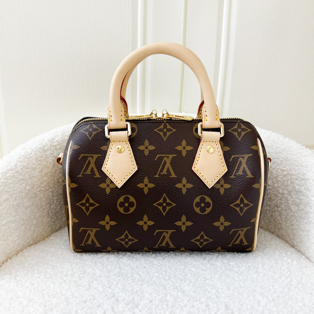LV Speedy Bandouliere 20 in Monogram Canvas and Black Patterned Strap