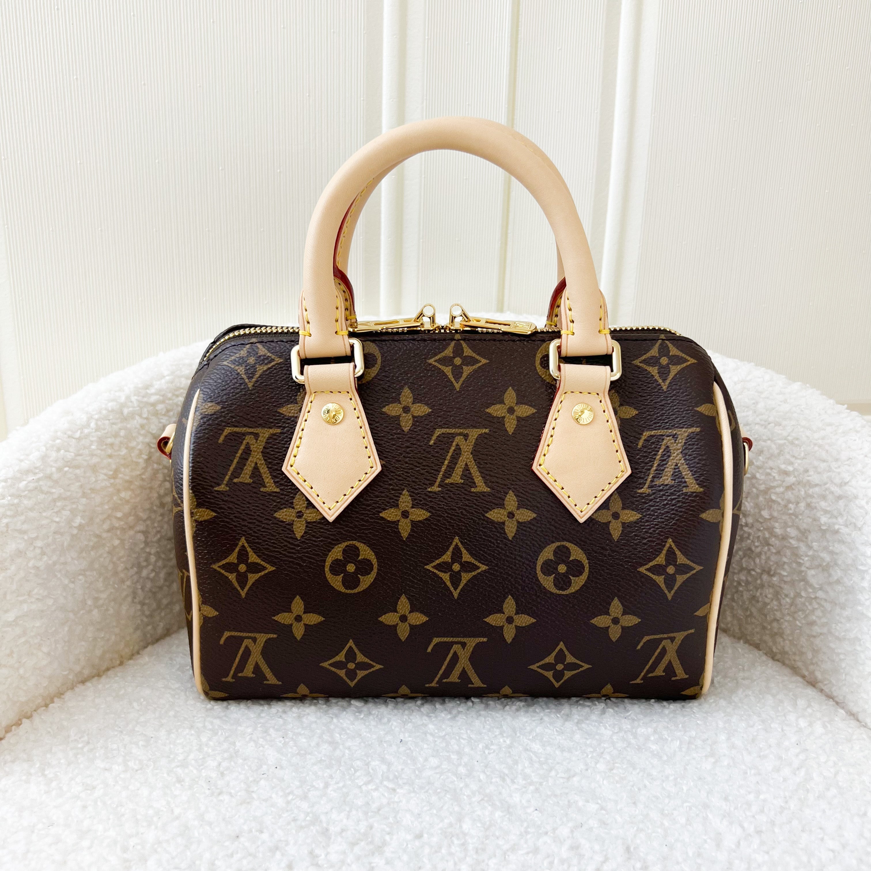 LV Speedy Bandouliere 20 in Monogram Canvas and Black Patterned Strap