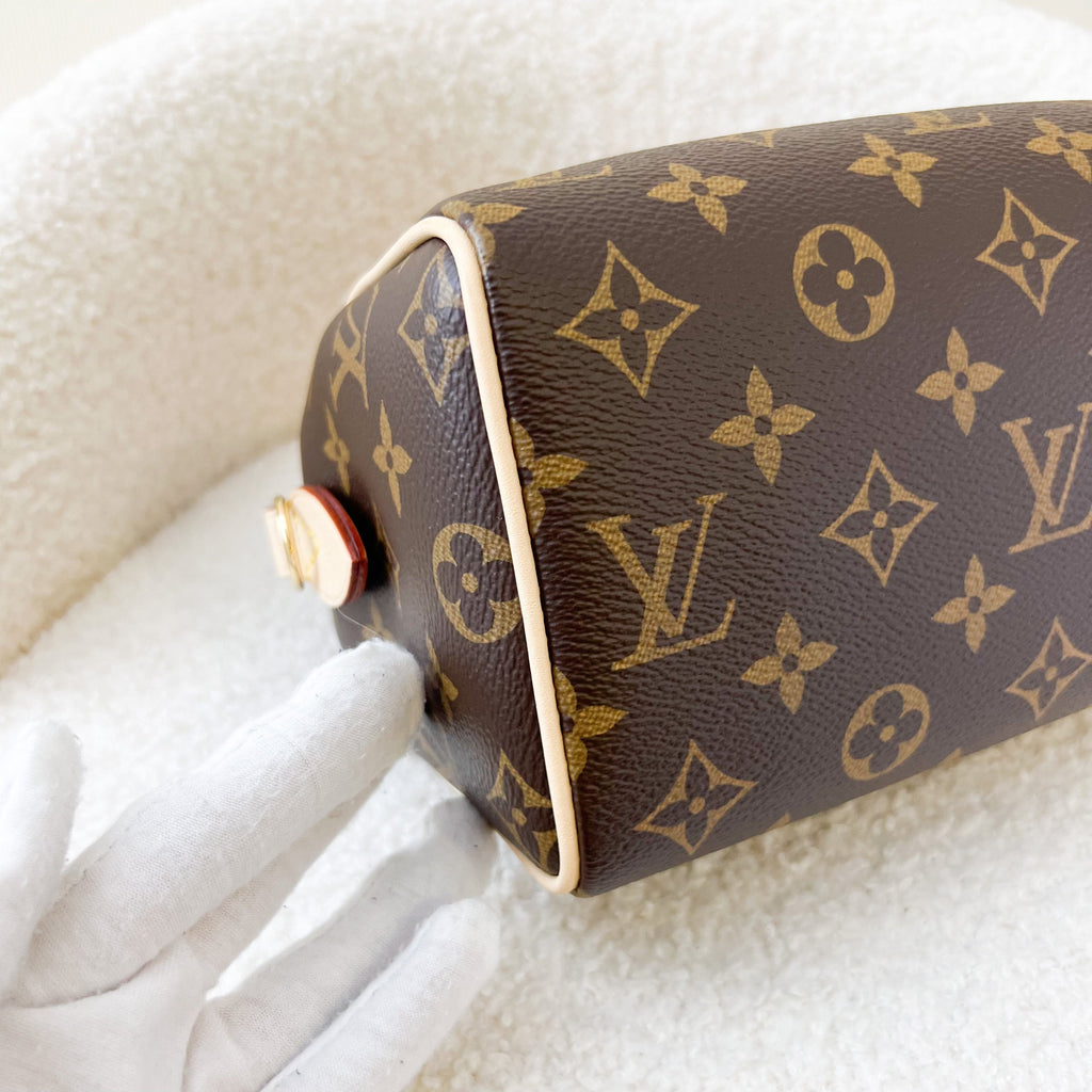 LV Speedy Bandouliere 20 in Monogram Canvas and Black Patterned Strap