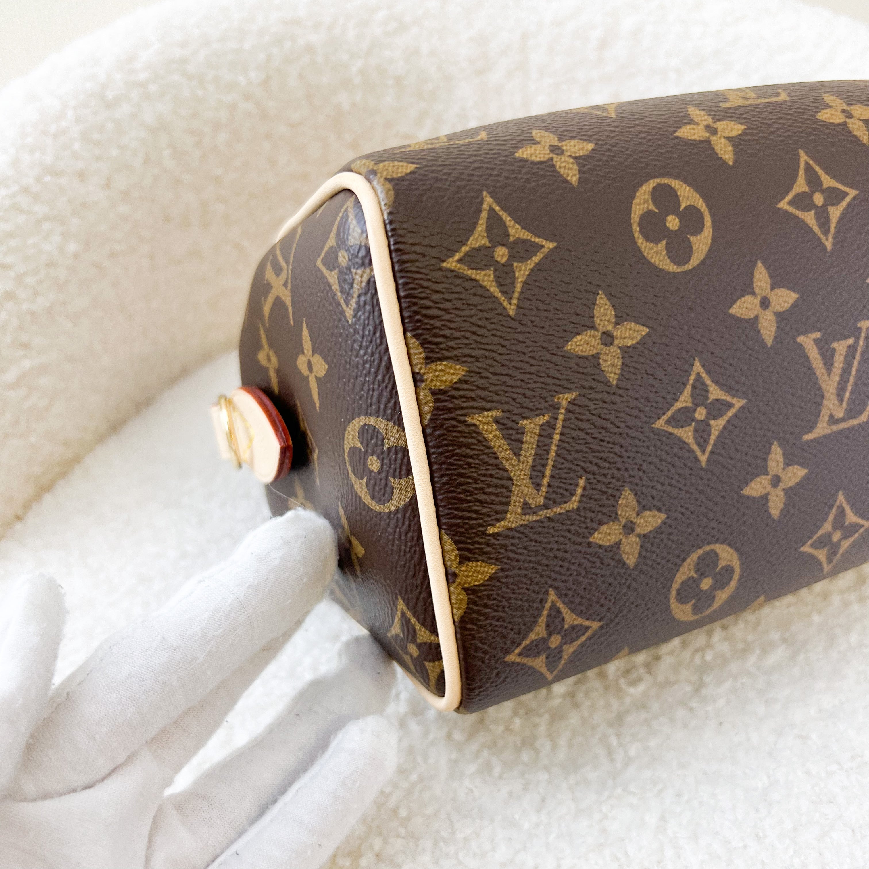 LV Speedy Bandouliere 20 in Monogram Canvas and Black Patterned Strap
