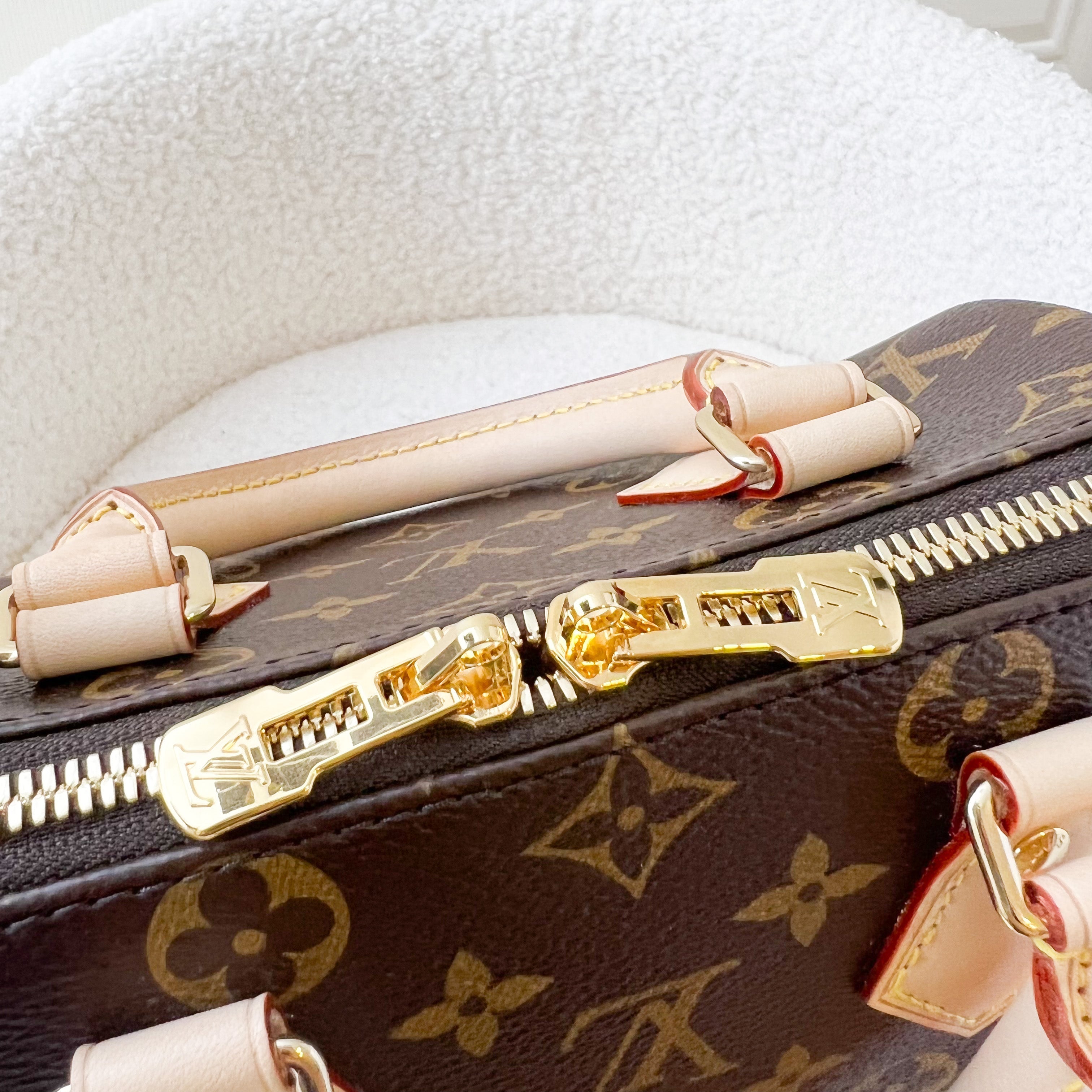 LV Speedy Bandouliere 20 in Monogram Canvas and Black Patterned Strap