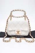 CHANEL White Metal Quilted Lambskin Leather Mini Top Handle Square Flap Bag