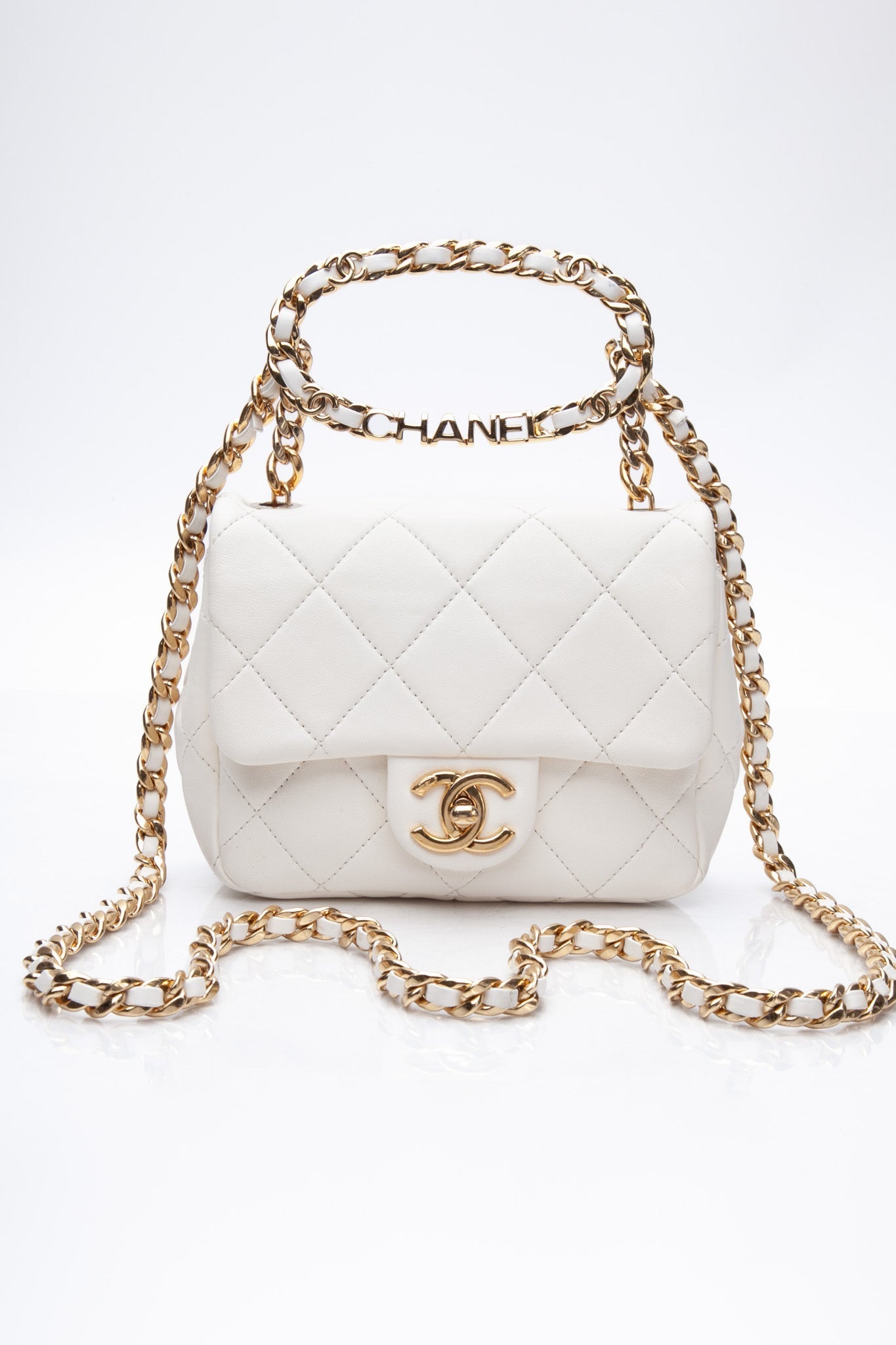 CHANEL White Metal Quilted Lambskin Leather Mini Top Handle Square Flap Bag