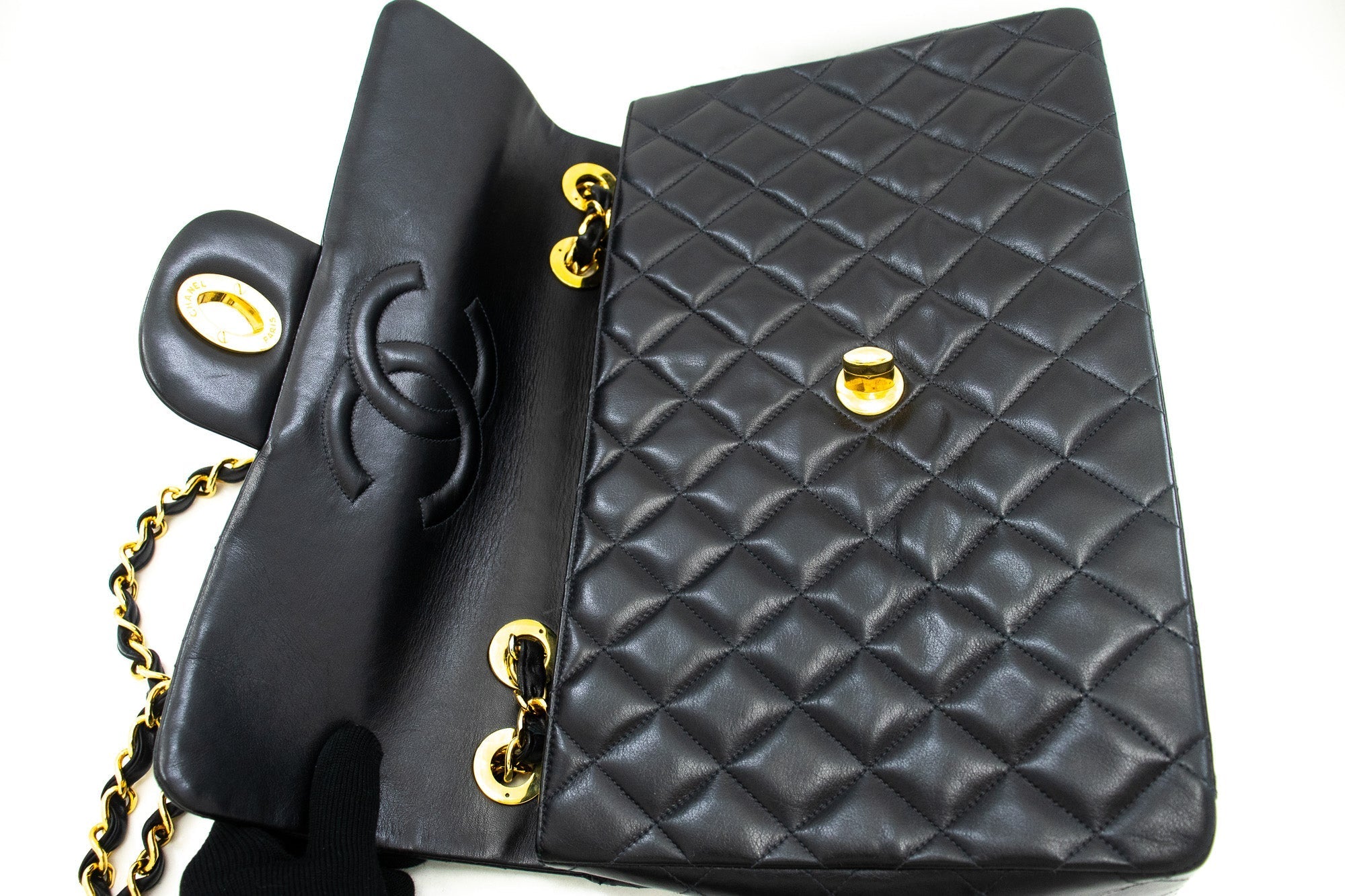 CHANEL Classic Large 13" Flap Chain Shoulder Bag Black Lambskin j63