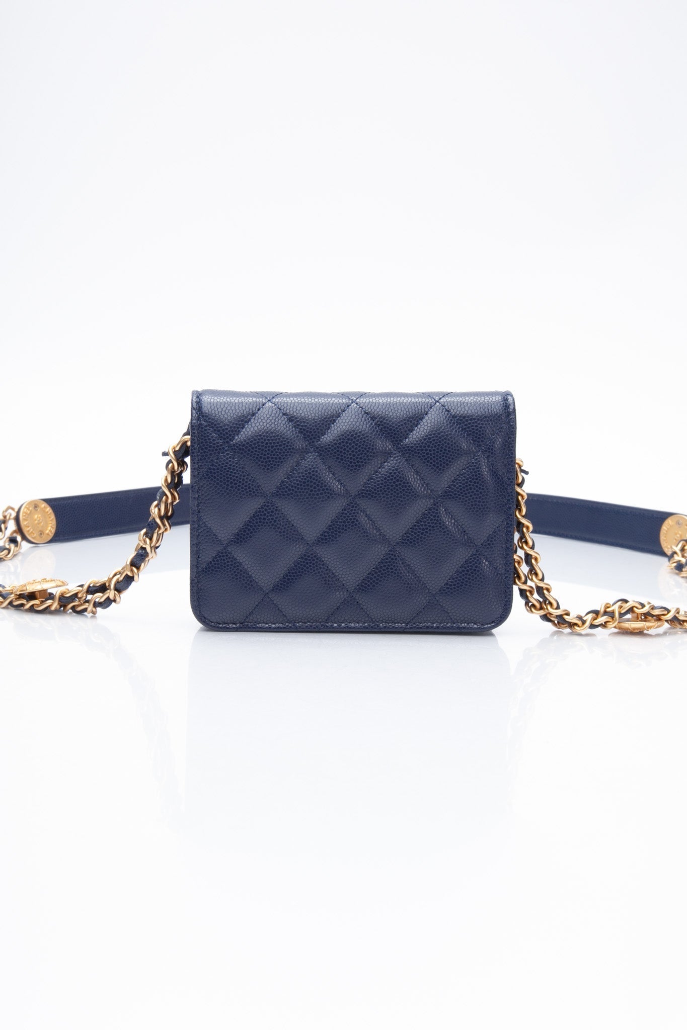 CHANEL Navy Quilted Caviar Twist Your Buttons Coin Purse with Chain Crossbody Bag