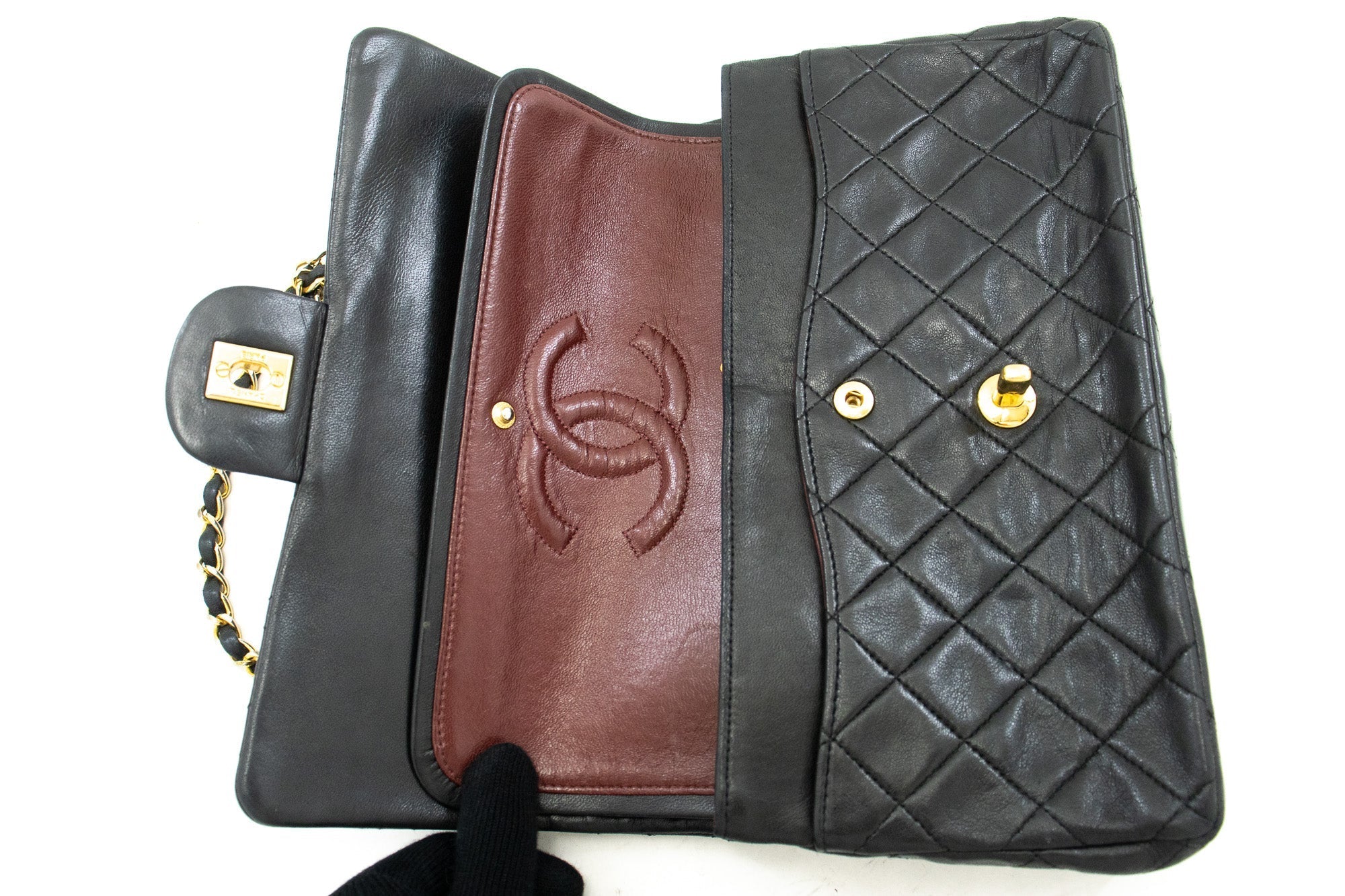 CHANEL Classic Double Flap Medium Chain Shoulder Bag Black Lamb k33