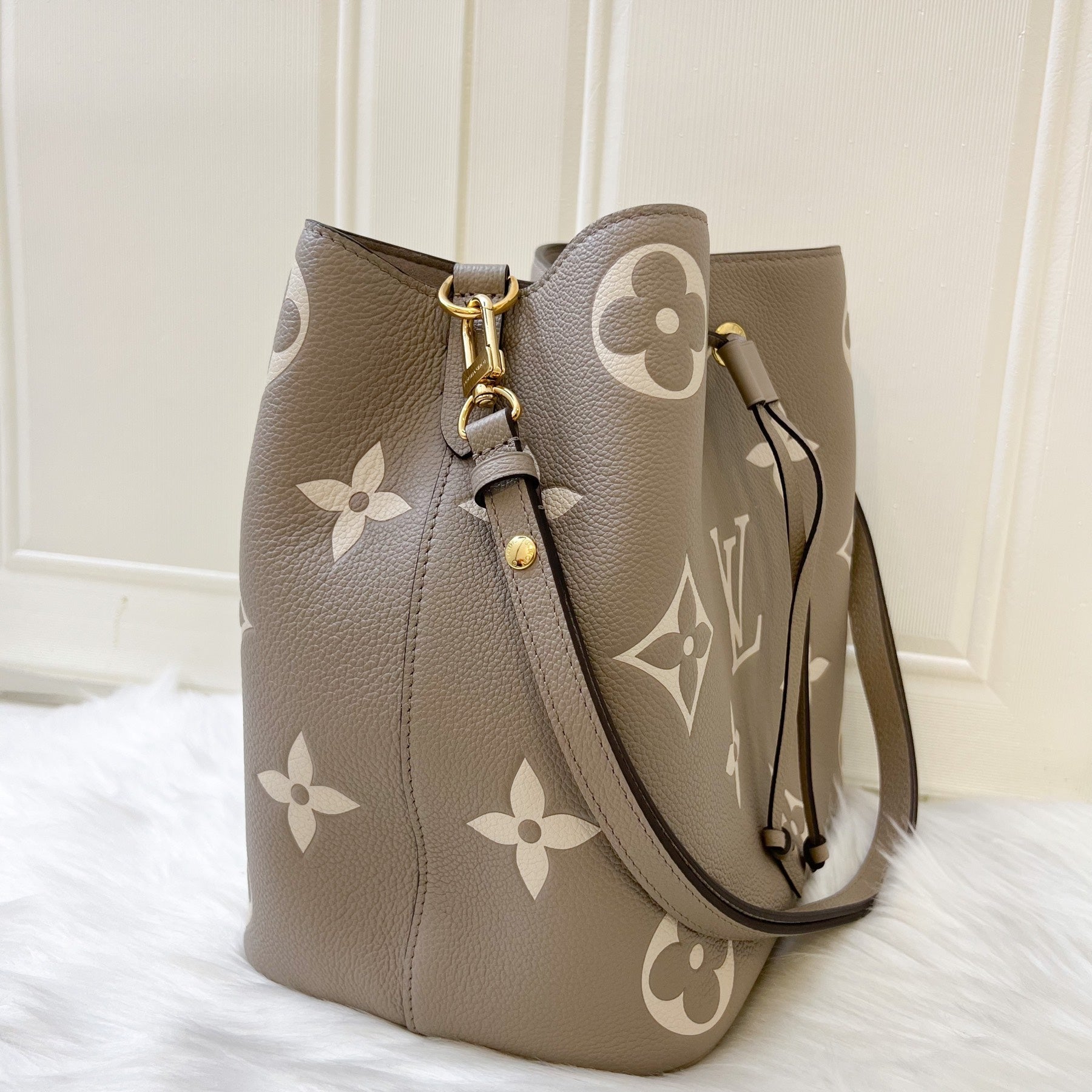 LV NeoNoe MM in Tourterelle Grey and Creme Giant Monogram Empreinte Leather and GHW