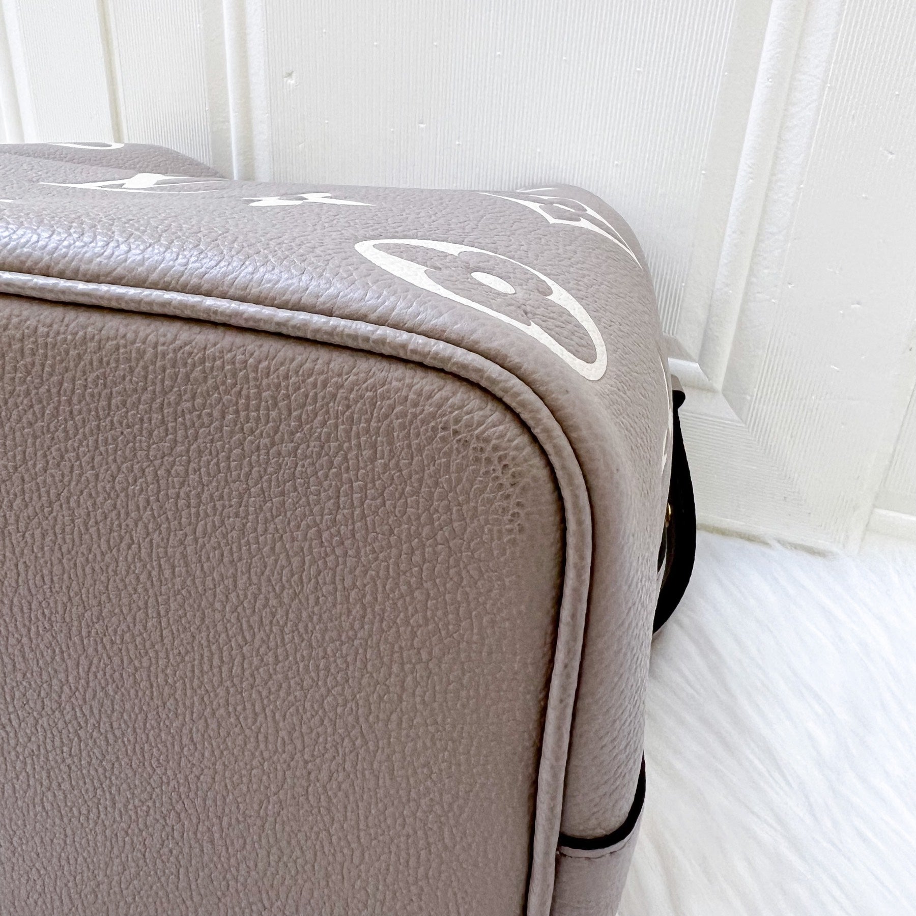 LV NeoNoe MM in Tourterelle Grey and Creme Giant Monogram Empreinte Leather and GHW