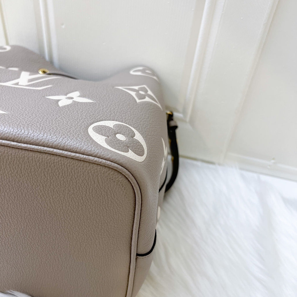LV NeoNoe MM in Tourterelle Grey and Creme Giant Monogram Empreinte Leather and GHW