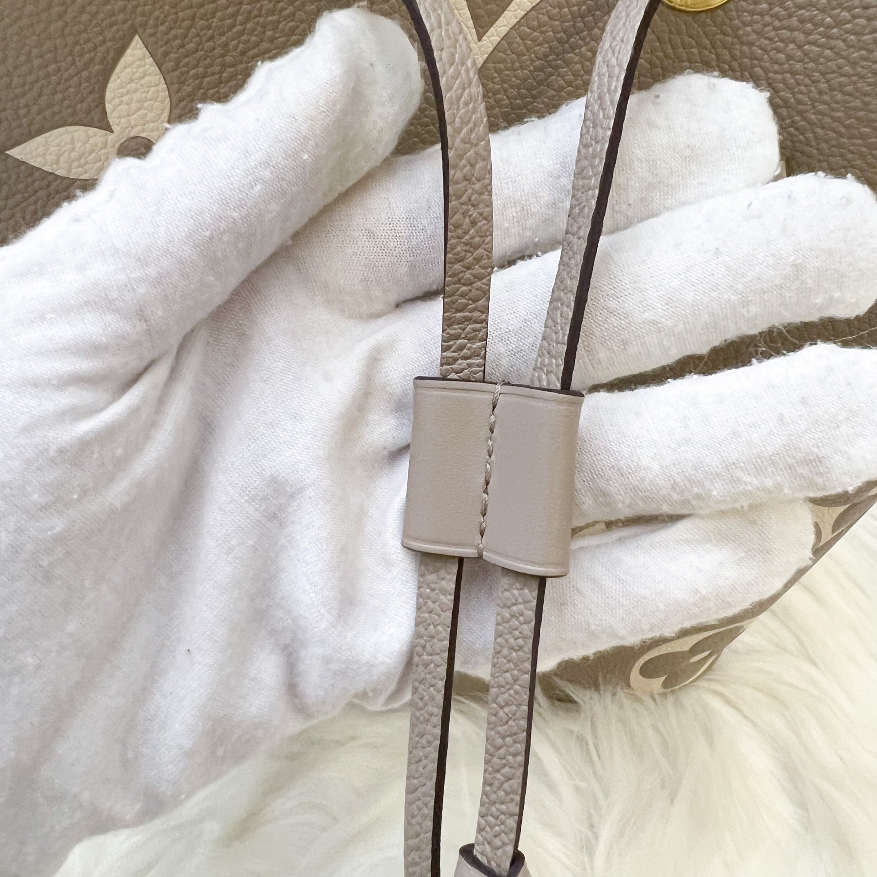 LV NeoNoe MM in Tourterelle Grey and Creme Giant Monogram Empreinte Leather and GHW