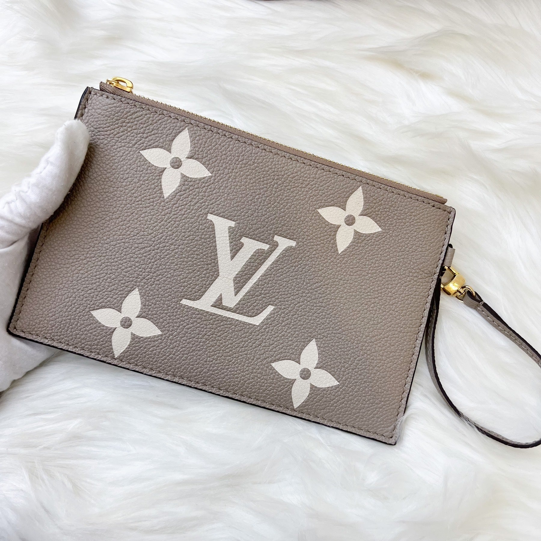 LV NeoNoe MM in Tourterelle Grey and Creme Giant Monogram Empreinte Leather and GHW