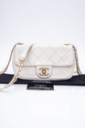 CHANEL Small Cream Crystal Pearls Chain Quilted Calfskin Flap Bag