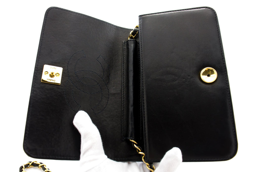 CHANEL Full Flap Chain Shoulder Bag Clutch Black Quilted Lambskin h09