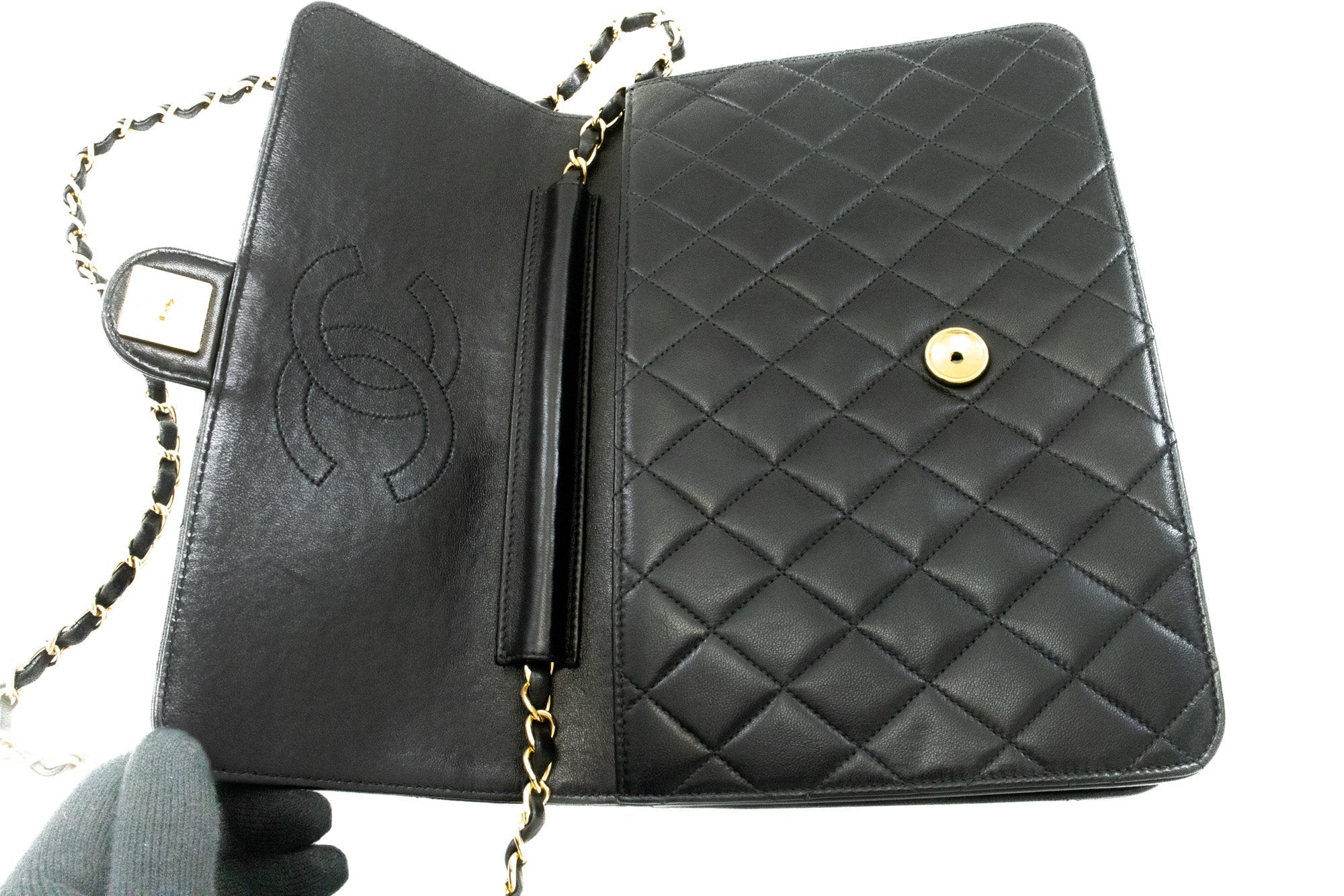 CHANEL Chain Shoulder Bag Clutch Black Quilted Flap Lambskin Purse k11