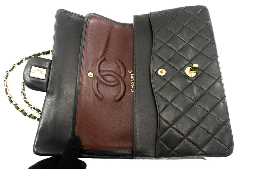 CHANEL Classic Double Flap 10" Chain Shoulder Bag Black Lambskin k46
